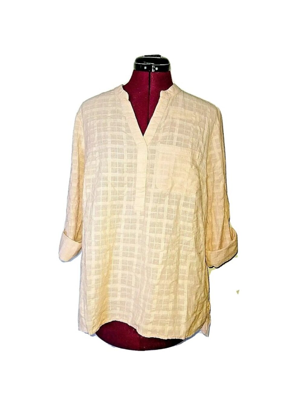 Style & Co Women's Size Small Top Natural Blush Side Split Roll Tab Sleeves S